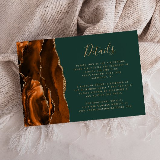 Moderne Rust Agate Hunter Green Wedding Details Begleitkarte