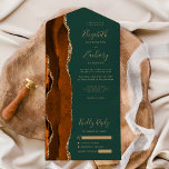 Moderne Rust Gold Agate Hunter Green Wedding All In One Einladung<br><div class="desc">Die links Kulisse dieses eleganten, modernen und einladenden Hochzeitszimmers und der UAWG besticht durch eine zarte Wasserfarbe in Rost- und Orangetönen, die mit vergoldetem Glitzer aus Imitaten bestickt ist. Der anpassbare Text kombiniert goldfarbene Handschriftenschrift, Copperplate und kursivem Schriftart auf einem Jägergrünen Hintergrund. Die Rücksendeadresse erscheint auf der Außentafel und auf...</div>