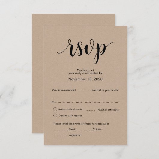 Moderne Rustic Kraft Hochzeit Rsvp Antwortkarte Begleitkarte (Vorne/Hinten)