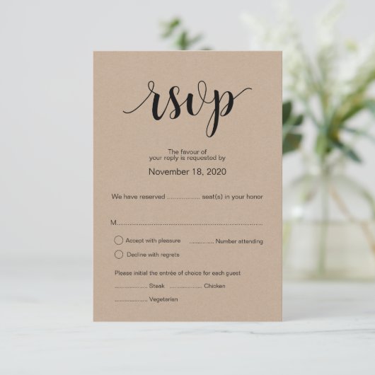Moderne Rustic Kraft Hochzeit Rsvp Antwortkarte Begleitkarte (Stehend Vorderseite)
