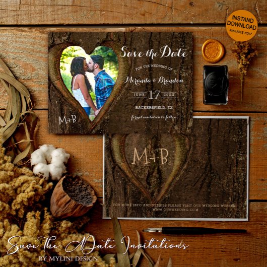 Moderne Rustikale Baumherz-Foto-Hochzeit Save The Date