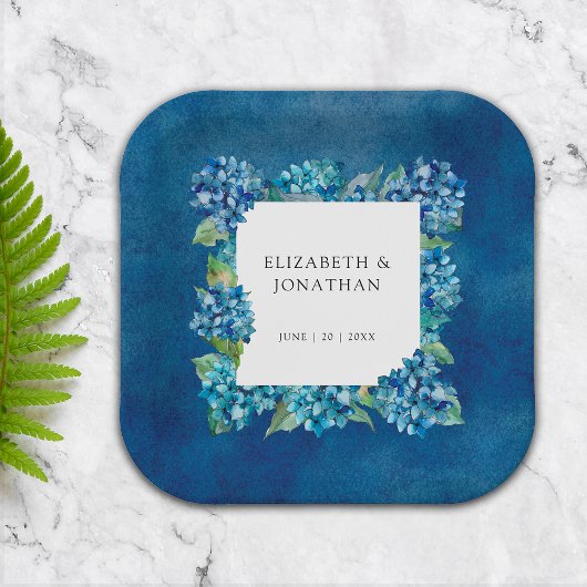 Moderne Rustikale Blaue Hortensien Florale Hochzei Pappteller