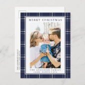 Moderne rustikale Blaue Karierte Foto Weihnachtska Postkarte (Vorne/Hinten)