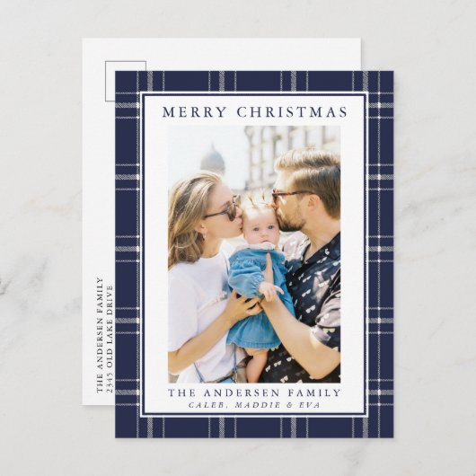 Moderne rustikale Blaue Karierte Foto Weihnachtska Postkarte (Vorne/Hinten)