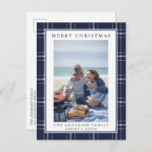 Moderne rustikale Blaue Karierte Foto Weihnachtska Postkarte (Vorne/Hinten)