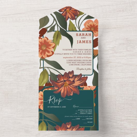 Moderne rustikale boho florale Hochzeit im Herbst All In One Einladung (Innen Boden)