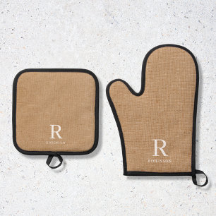 Moderne Rustikale Braun Sackleinwand Familienname Ofenhandschuh & Topflappen-Set