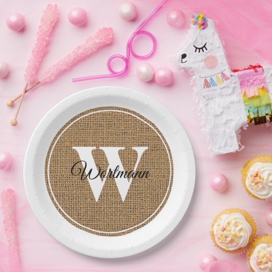 Moderne Rustikale Burlap White Monogram Pappteller (Party)
