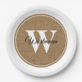 Moderne Rustikale Burlap White Monogram Pappteller (Vorderseite)