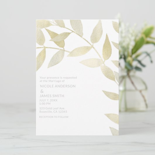 Moderne Rustikale Goldene Blätter Botanische Hochz Einladung (Stehend Vorderseite)