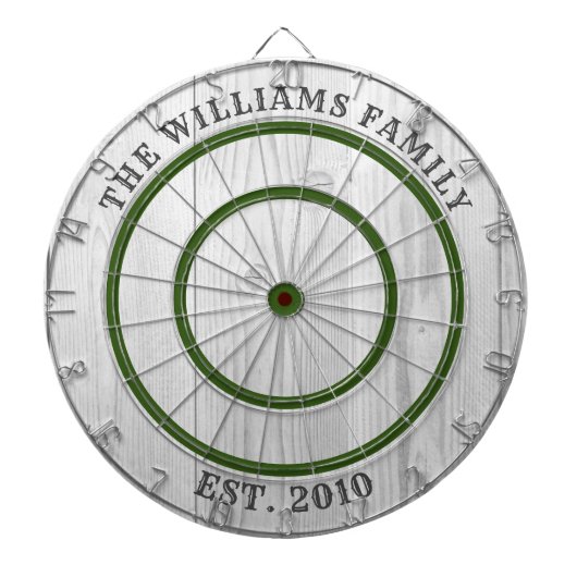 Moderne rustikale graue Barnholz-Familie Name Dart Dartscheibe (vorne)