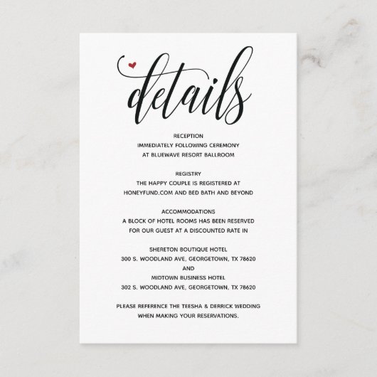 Moderne rustikale Hochzeit Details Umschließung Ka Begleitkarte (Vorderseite)