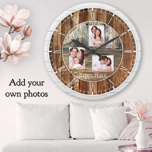 Moderne rustikale Holz 3 Fotos Runde Wanduhr