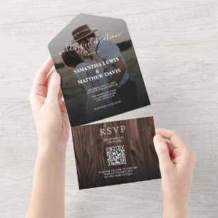 Moderne Rustikale Holz Hochzeit im Freien QR Code All In One Einladung