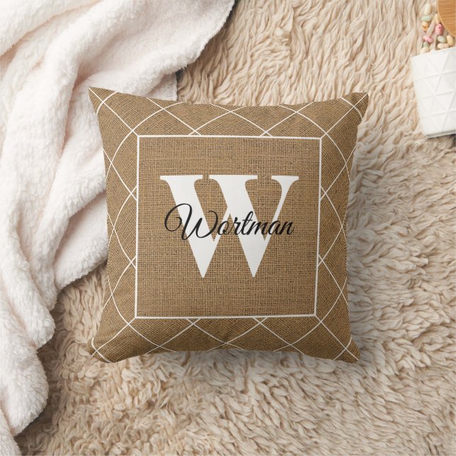 Moderne rustikale Imitat Burlap White Monogram Kissen (Decke)