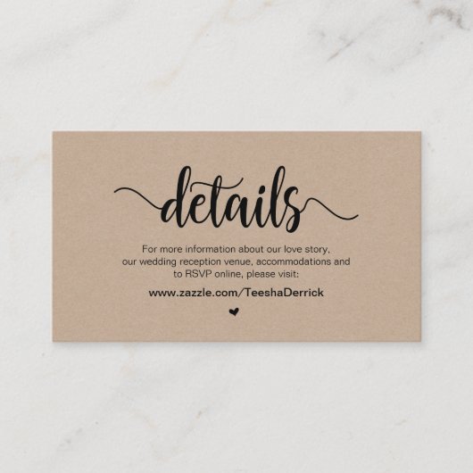 Moderne rustikale Kraft, Hochzeitsdetails Begleitkarte (Vorderseite)