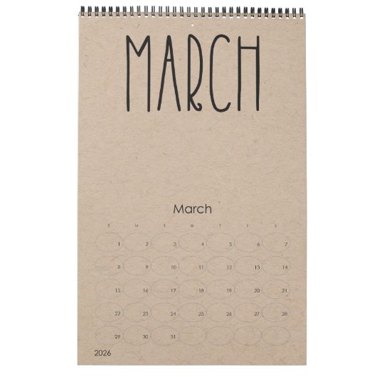Moderne rustikale Kraft mit schwarzem Kalender (Mär 2026)