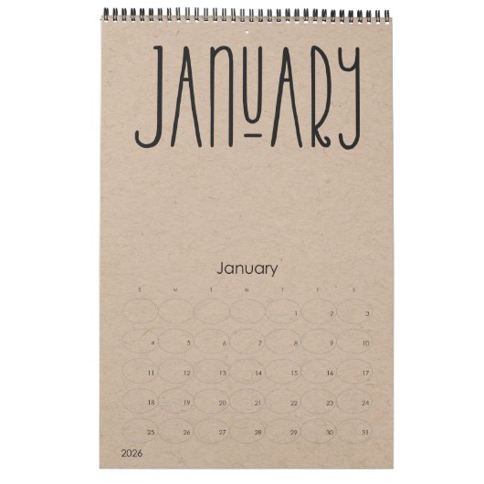 Moderne rustikale Kraft mit schwarzem Kalender (Jan 2026)