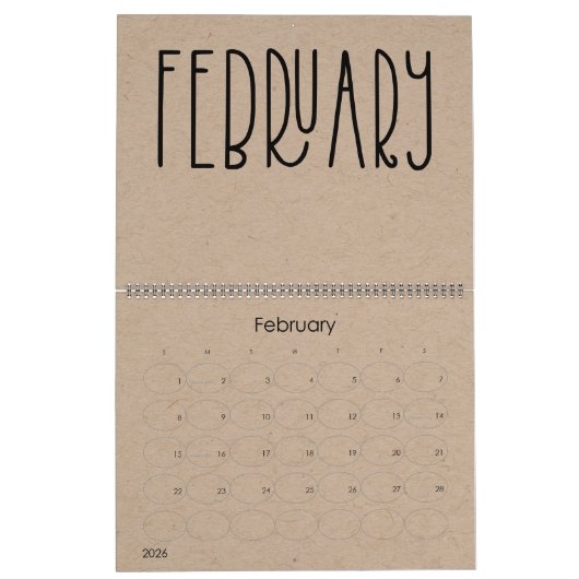 Moderne rustikale Kraft mit schwarzem Kalender (Feb 2026)