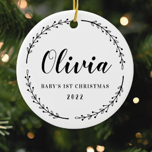 Moderne rustikale Kranz-Babys erstes Weihnachten F Keramik Ornament