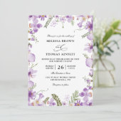 Moderne Rustikale Lila Blumen Budget QR Code Hochz Einladung (Stehend Vorderseite)