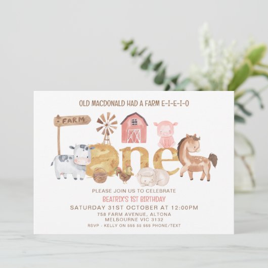 Moderne Rustikale Mädchen 1 Bauernhof 1. Geburtsta Einladung (Stehend Vorderseite)