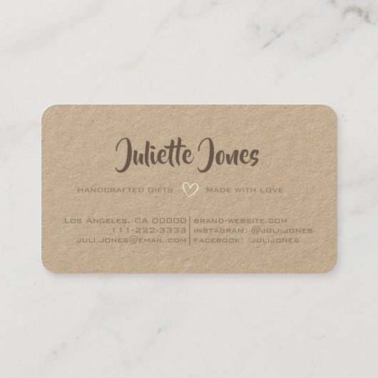 Moderne Rustikale Made mit Liebe Heart Kraft Papie Visitenkarte (Rückseite)