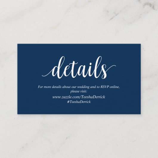 Moderne rustikale, marineblau, Hochzeitsdetails Begleitkarte (Vorderseite)