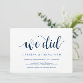 Moderne rustikale, navy Blue-Schrift, Hochzeitsfei Einladung (Stehend Vorderseite)