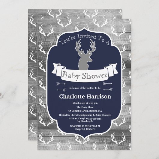 Moderne Rustikale Navy Deer & Gray Wood Baby Dusch Einladung (Vorne/Hinten)