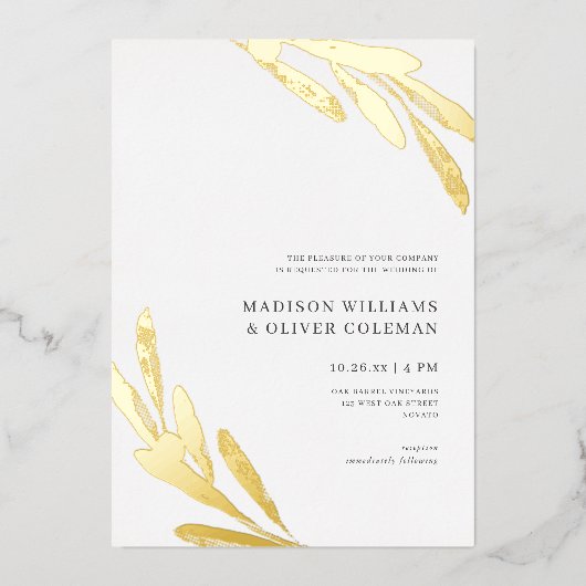 Moderne Rustikale Olive Branch Hochzeit REAL Folieneinladung (Vorderseite)