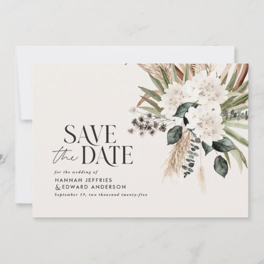 Moderne rustikale Pampas eucalyptus botanisch eleg Save The Date (Vorderseite)