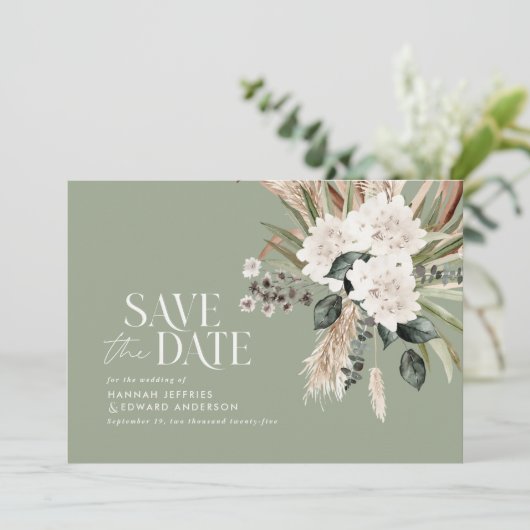Moderne rustikale Pampas eucalyptus botanisch eleg Save The Date (Stehend Vorderseite)