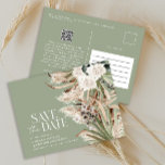 Moderne rustikale Pampas eucalyptus botanischer QR Ankündigungspostkarte<br><div class="desc">Moderne Scheune Bauernhaus rustikale botanische florale bohemianische natürliche Pampas Gras und eukalyptus botanische Hochzeit speichern das Datum Post-Karte Einladung. Elegante Aquarellblüte in Terrakotta,  Salbei grün,  Naturcreme und schwarze Farbtöne. Platz auf der Rückseite dieses Budgets Hochzeit speichern Sie das Datum für Informationen und QR-Code für alle Ihre Hochzeitsdetails.</div>