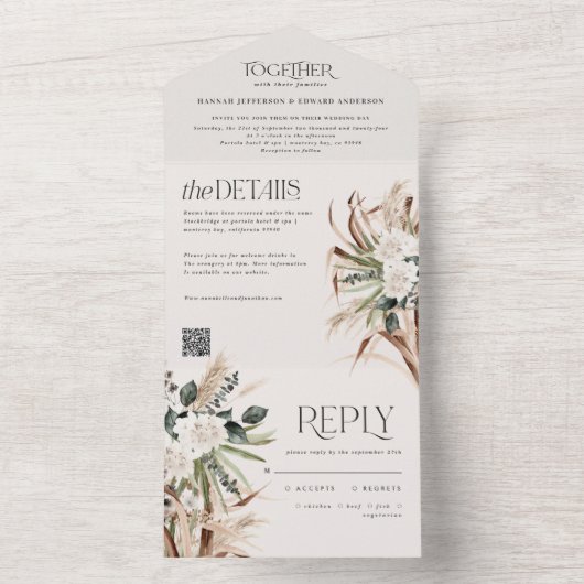 moderne rustikale Pampas eucalyptus Hochzeit QR-Co All In One Einladung (Innen Boden)