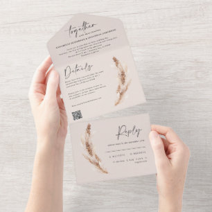 moderne rustikale Pampas-Eukalyptus-Hochzeit QR-Co All In One Einladung