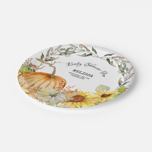 Moderne rustikale Pumpkin-Blätter Sonnenblume Kind Pappteller (Schrägansicht)