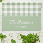 Moderne Rustikale Sage White Gingham Familienname Geschirrtuch (Gefaltet)