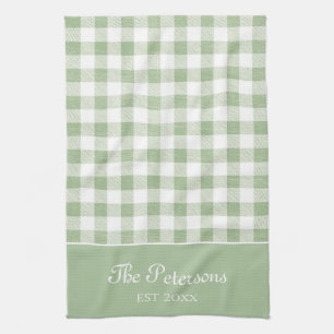 Moderne Rustikale Sage White Gingham Familienname Geschirrtuch