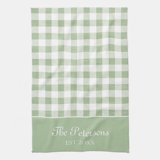 Moderne Rustikale Sage White Gingham Familienname Geschirrtuch (Vertikal)