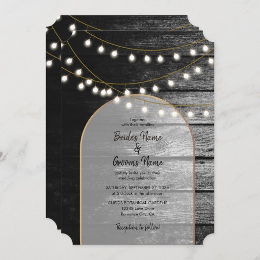Moderne Rustikale Schwarz-Holz Gold Lights Arch We Einladung (Vorne/Hinten)