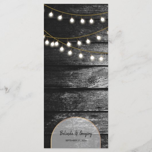 Moderne Rustikale Schwarz-Holz Gold Lights Arch We Menükarte (Rückseite)