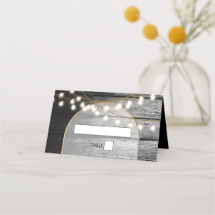 Moderne Rustikale Schwarz-Holz Gold Lights Arch We Platzkarte