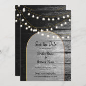 Moderne Rustikale Schwarz-Holz Gold Lights Arch We Save The Date (Vorne/Hinten)