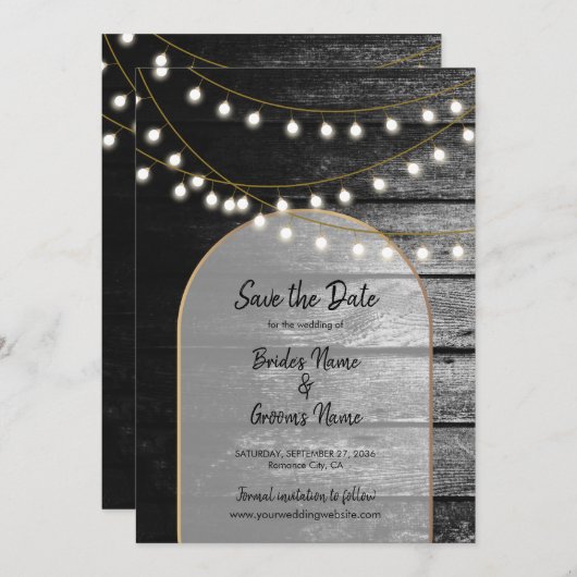 Moderne Rustikale Schwarz-Holz Gold Lights Arch We Save The Date (Vorne/Hinten)