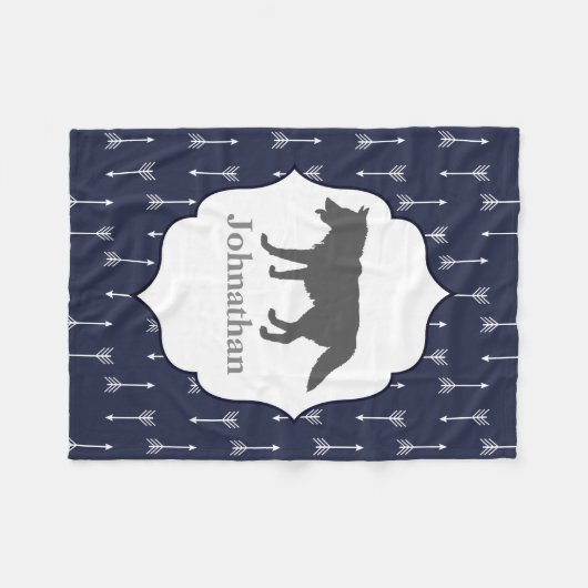 Moderne Rustikale Silhouette Grau Wolf Fleecedecke (Vorderseite (Horizontal))