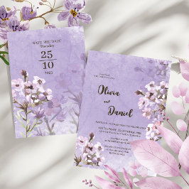 Moderne rustikale violette Blumen Hochzeit Einladung
