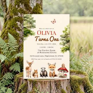 Moderne Rustikale Waldtiere Erstes Geburtstagsfest Einladung