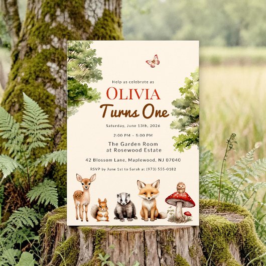 Moderne Rustikale Waldtiere Erstes Geburtstagsfest Einladung
