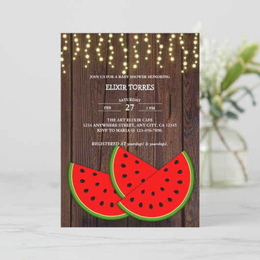 Moderne Rustikale Wassermelone Kinderdusche Einladung (Stehend Vorderseite)